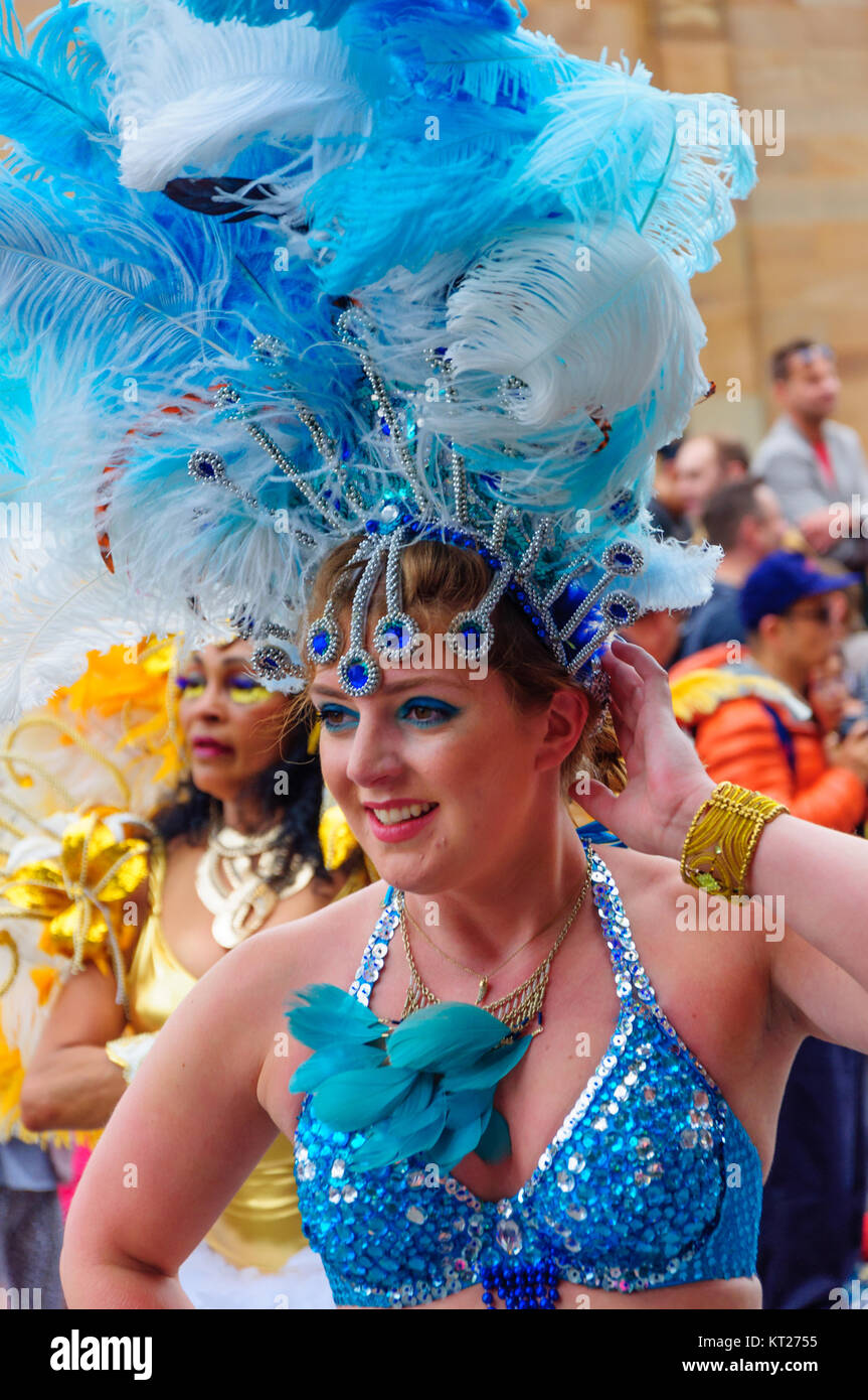 Female entertainer wearing an exotic costume performing in the Carnival