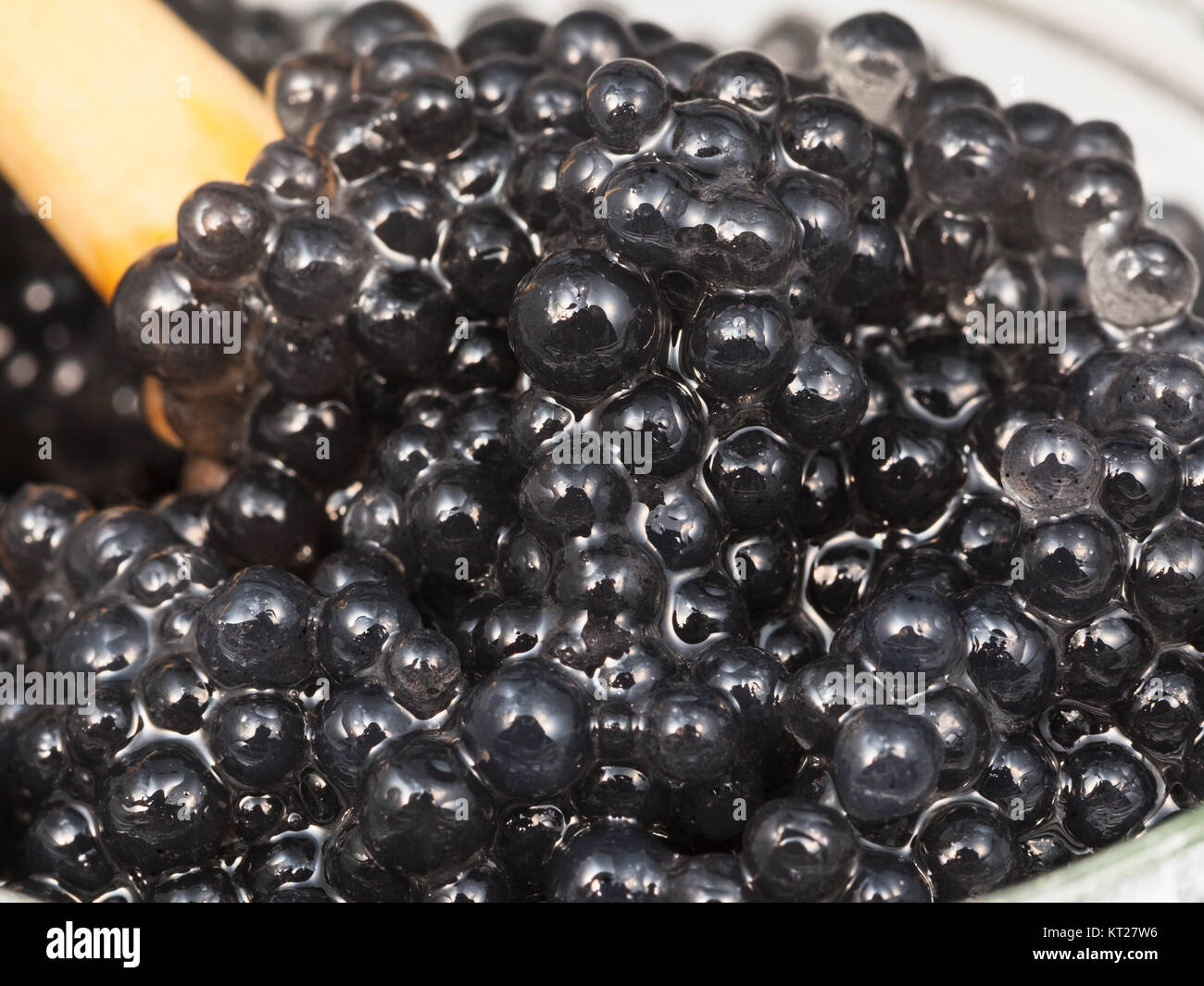 black caviar of halibut with spoon in glass jar Stock Photo