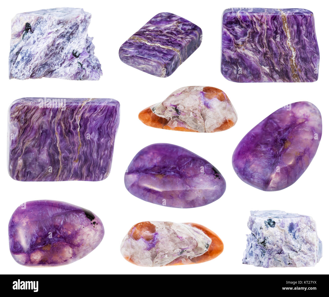 collection of various tumbled and raw charoite Stock Photo