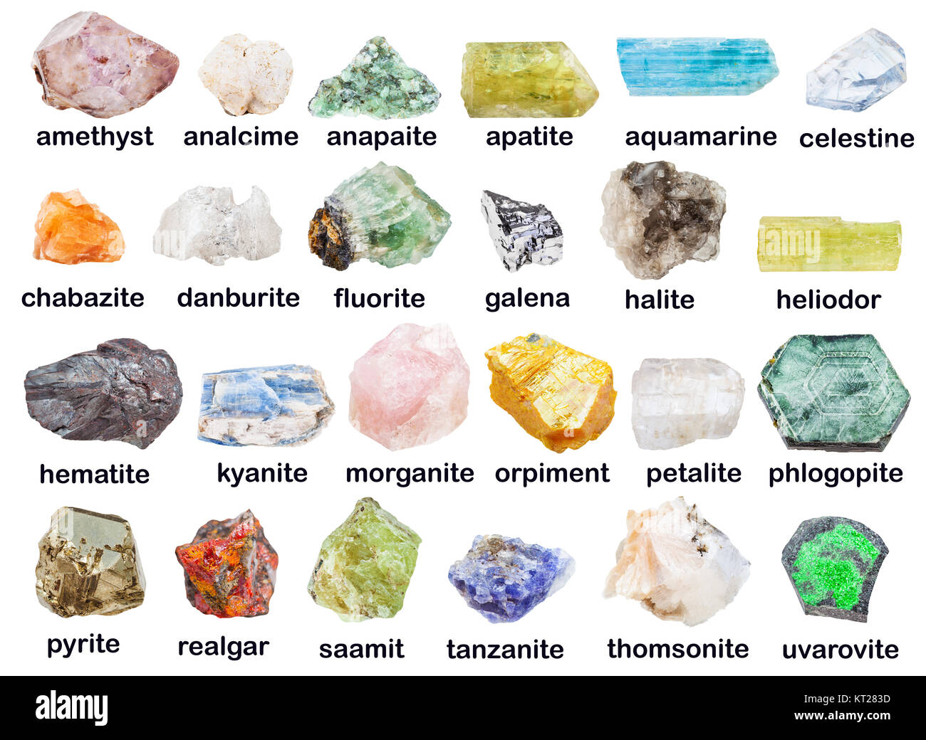 collection of raw minerals with descriptions Stock Photo