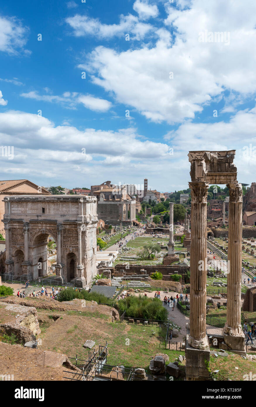 View from the Tabularium down Via Sacra with Arch of Septimius Severus to left and Temple of Vespasian and Titus on right, Roman Forum, Rome, Italy Stock Photo