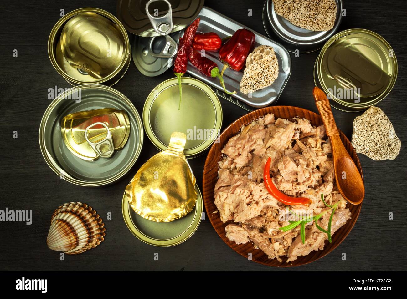 Crushed tuna canned. Sales of fish products. Healthy food with omega 3