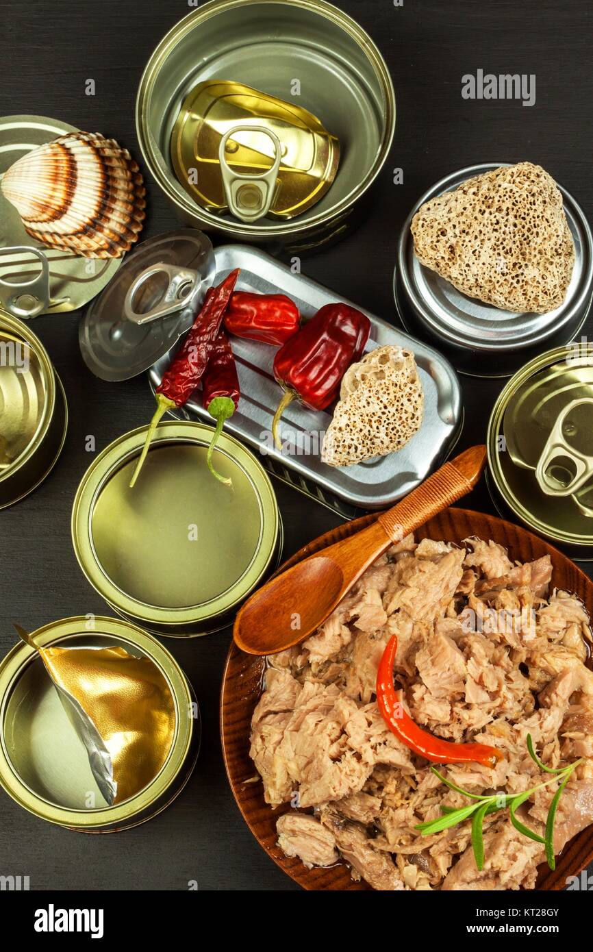 Crushed tuna canned. Sales of fish products. Healthy food with omega 3