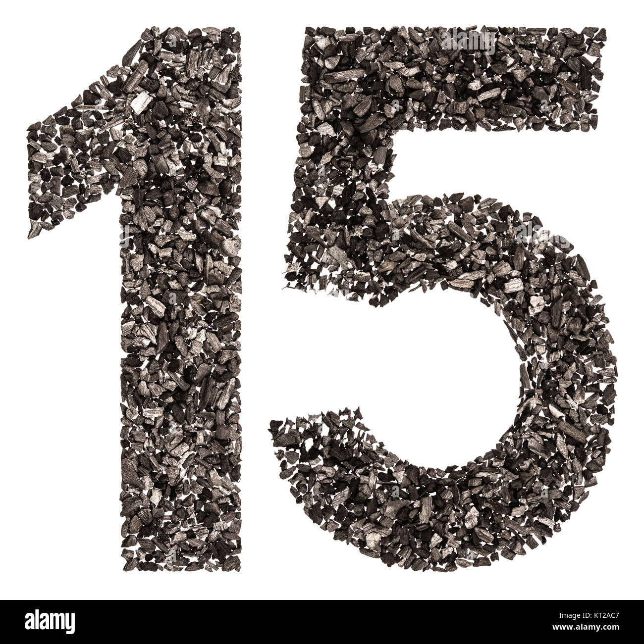 Arabic numeral 15, fifteen, from black a natural charcoal, isolated on ...