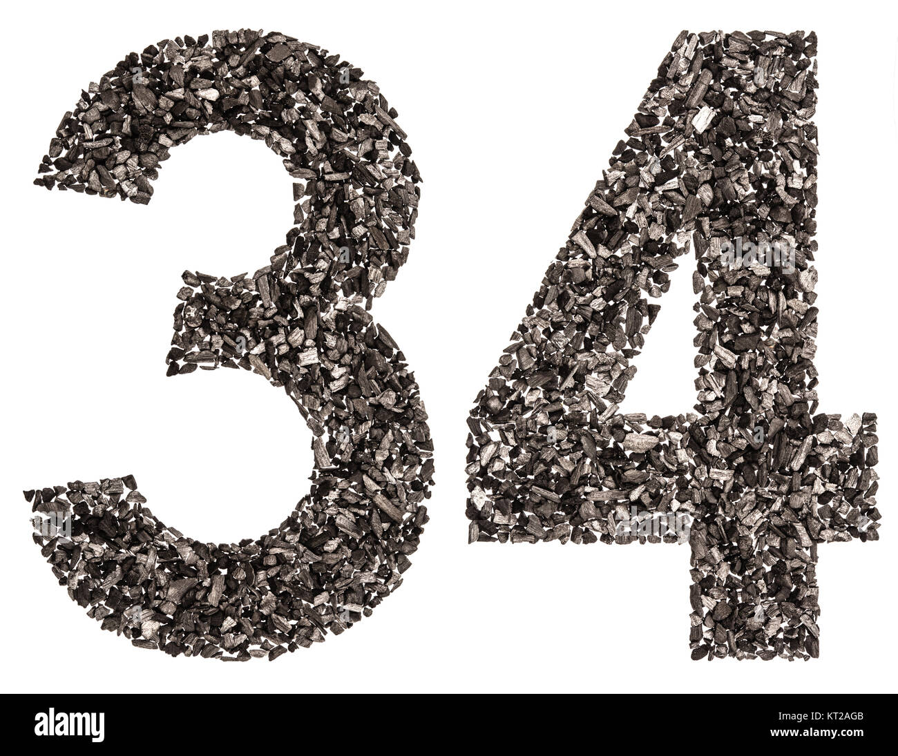 Arabic numeral 34, thirty four, from black a natural charcoal, isolated ...