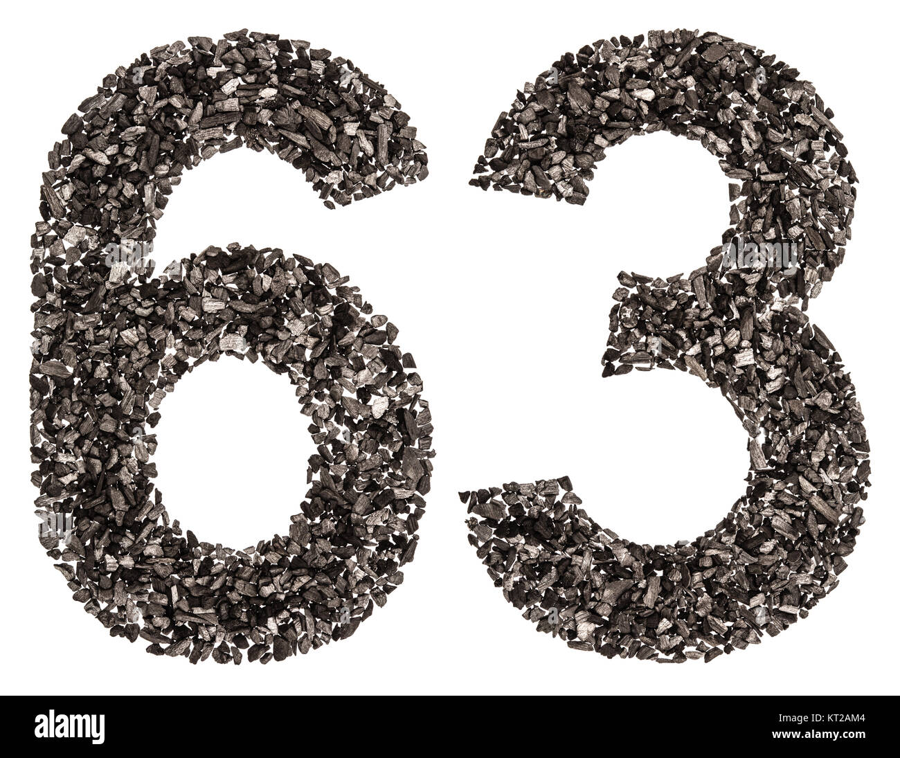 Arabic numeral 63, sixty three, from black a natural charcoal, isolated ...
