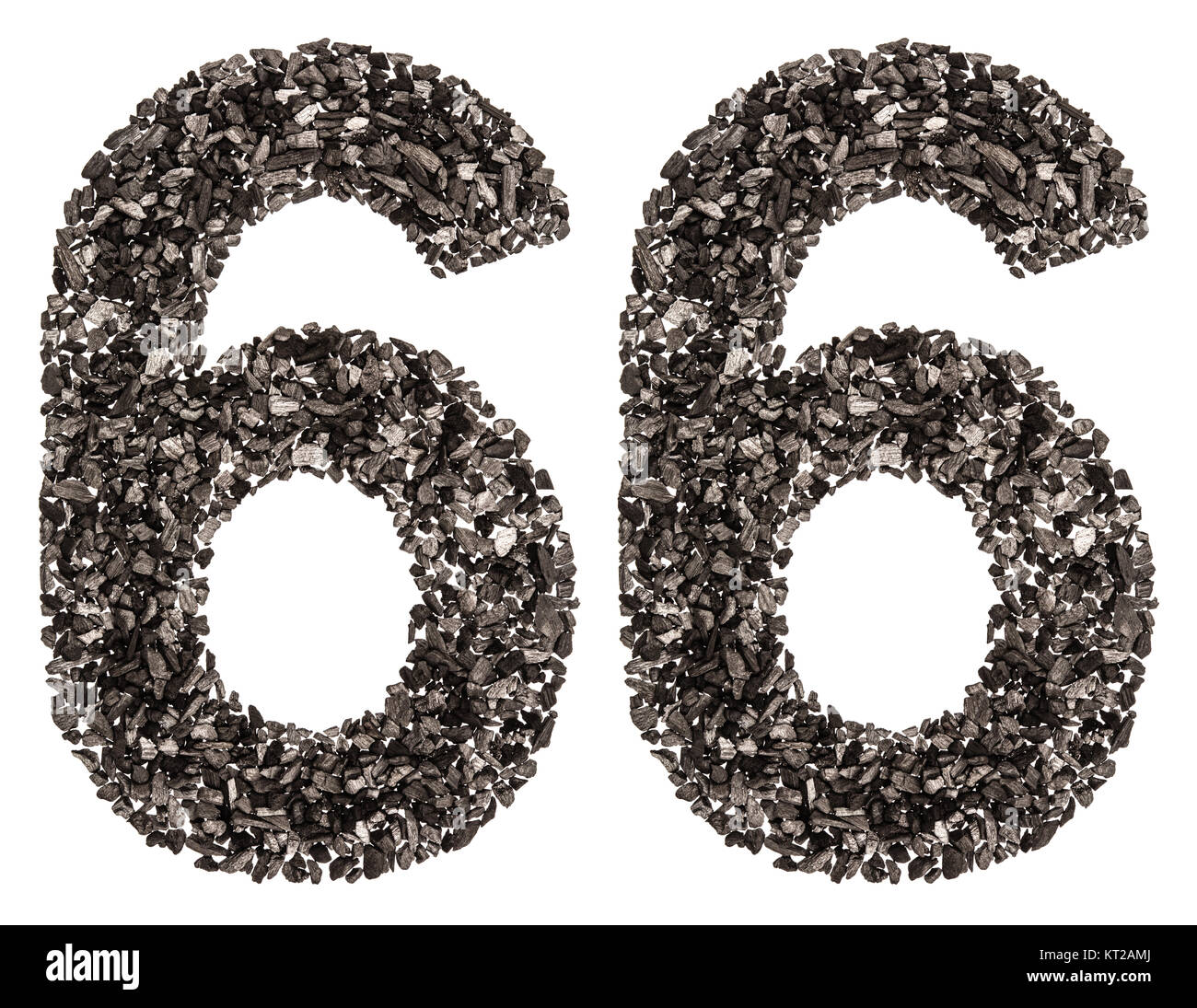 Arabic numeral 66, sixty six, from black a natural charcoal, isolated ...