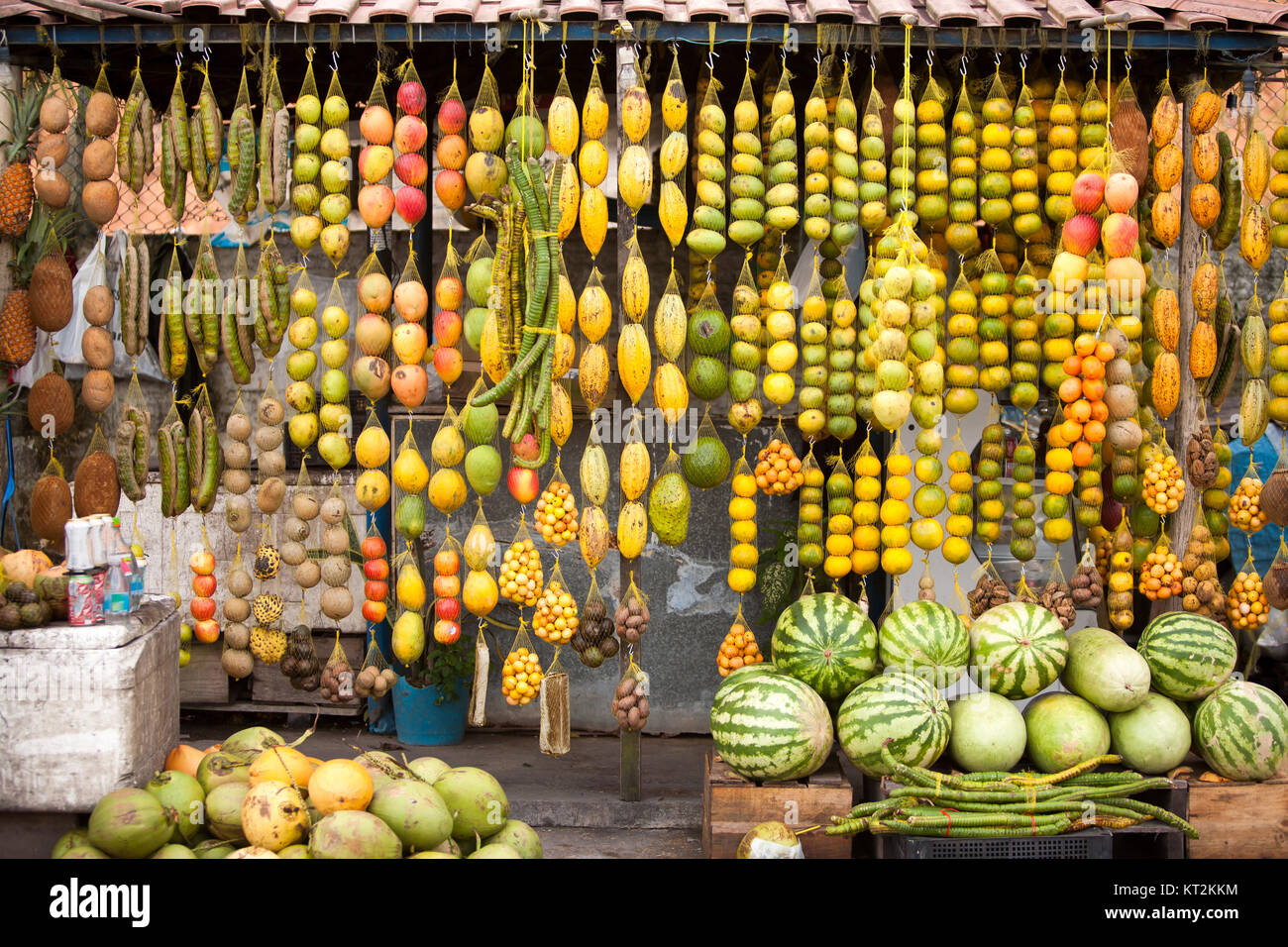 Amazonic traditional fruits on road fruit sale stand tent shop Stock Photo