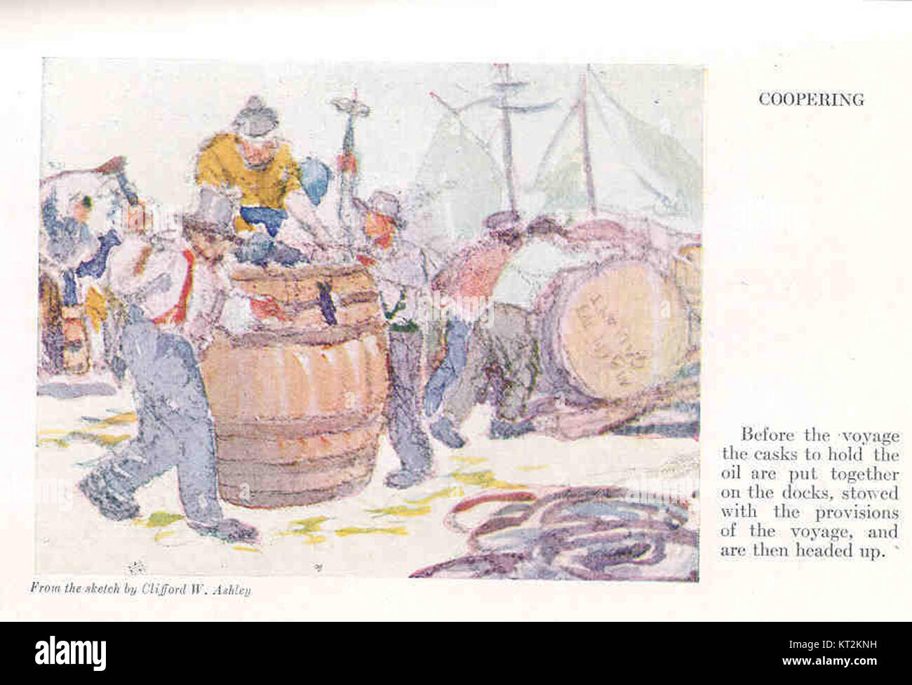 36328 Coopering - Before the voyage the casks to hold the oil are put together on the docks, stowed with the provisions of the voyage Stock Photo
