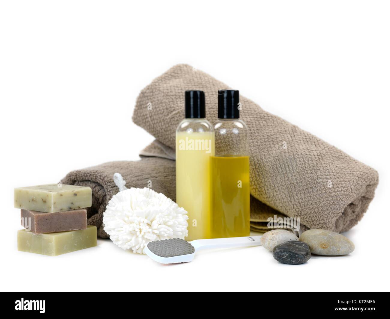 Bathing soaps and shampoos isolated against a white background Stock Photo