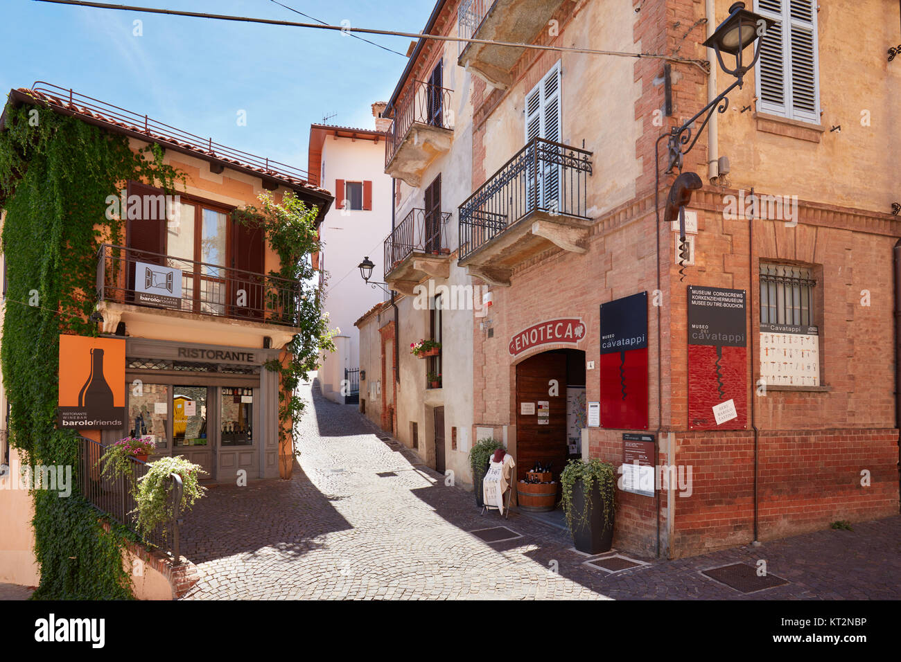 Corkscrew museum, restaurant and ancient street in a sunny summer day in Barolo, Italy Stock Photo
