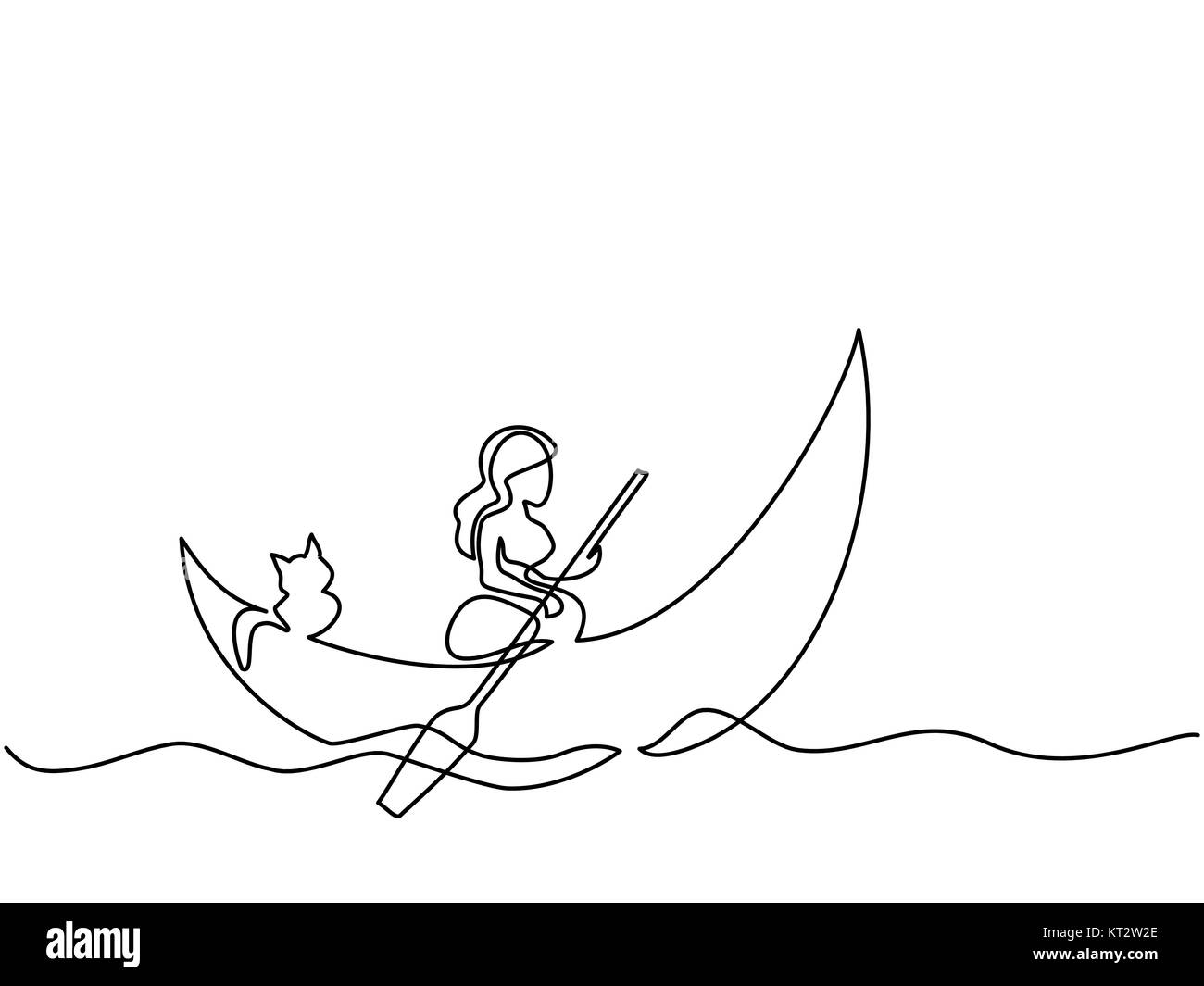 Girl with cat on dinghy moon Stock Vector