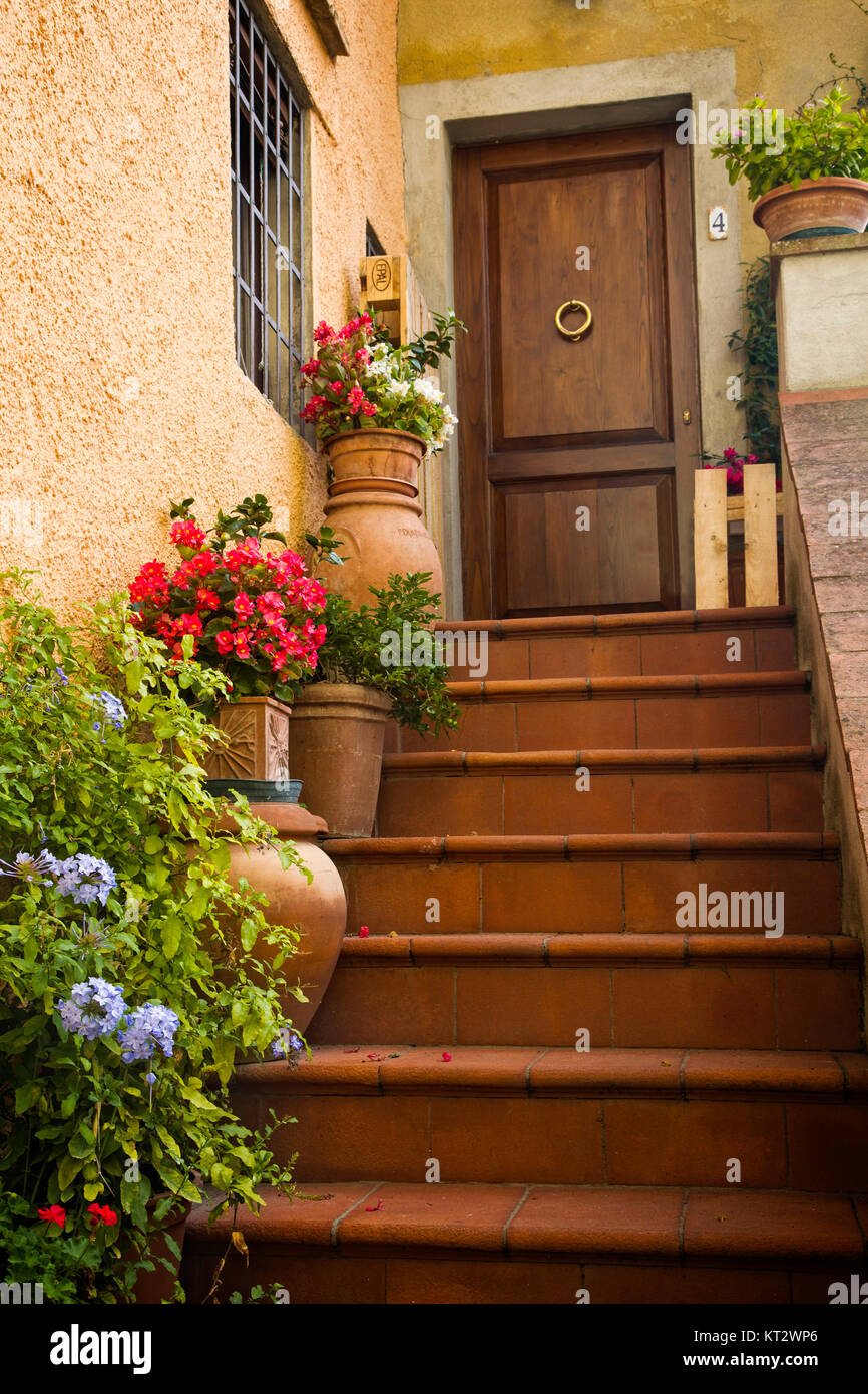 Steps lead to a front door in Panzano in Chianti, Italy. Stock Photo