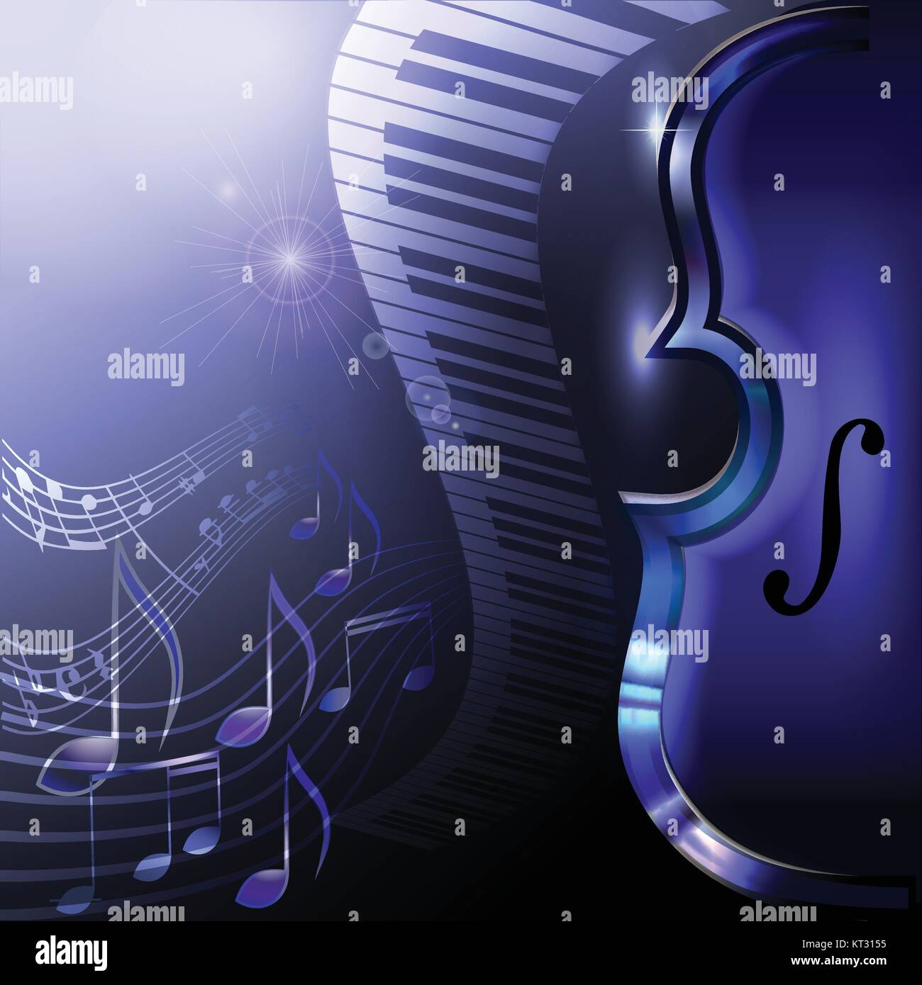 Music neon background with violin and piano keyboard. Vector illustration Stock Vector