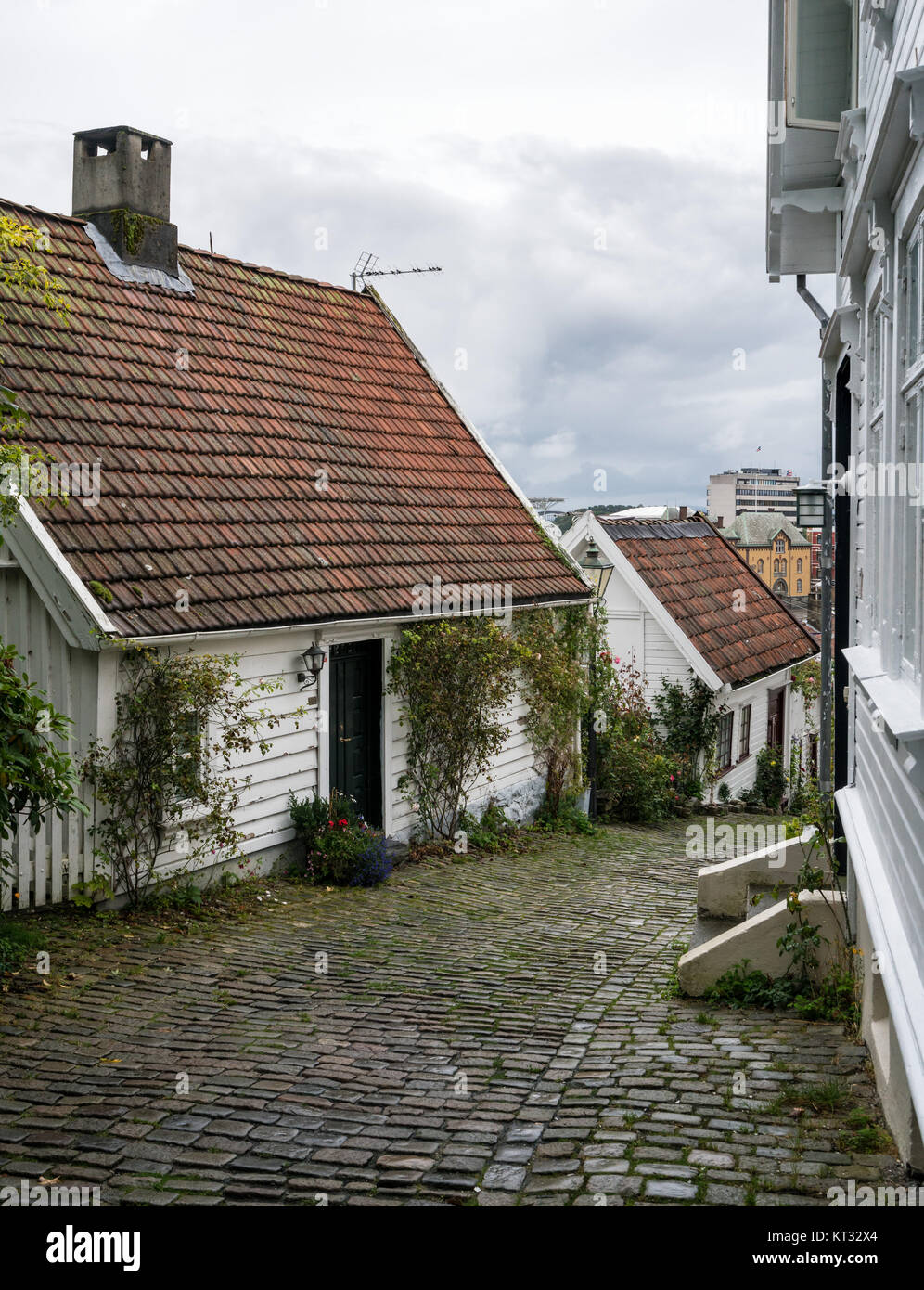 Narrow cobblestone street in Stavanger Norway Stock Photo