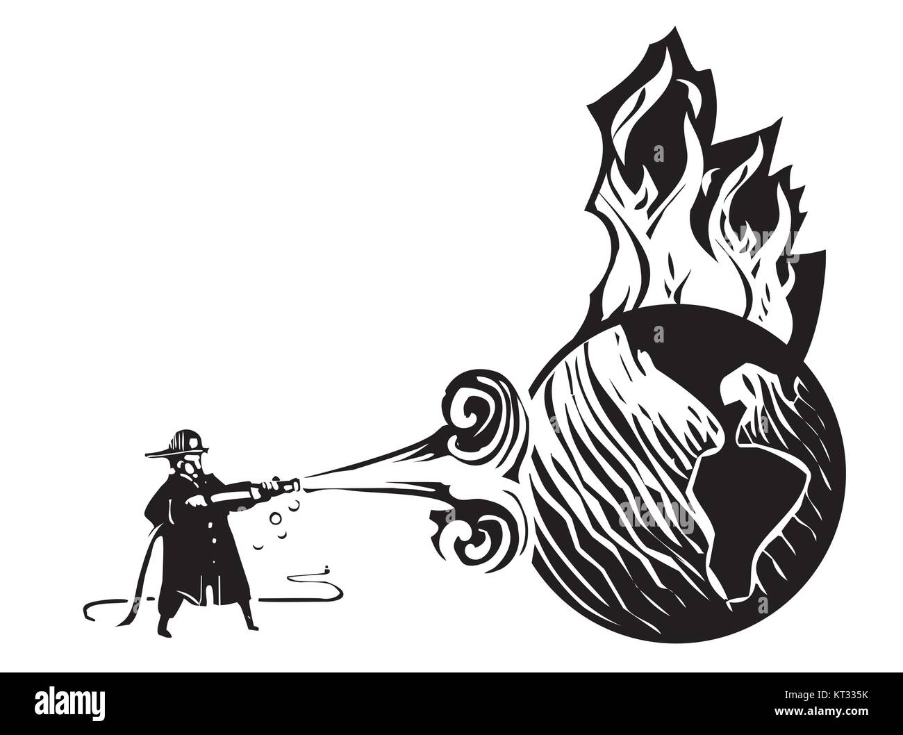 Woodcut Fireman with hose trying to put out the burning earth Stock Vector