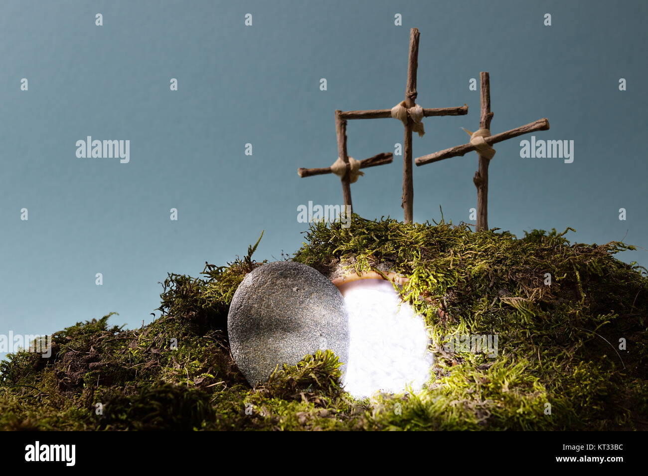 resurrection garden as easter decoration with a stone near the empty tomb Stock Photo