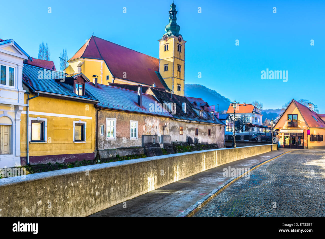 Scenic view at baroque church in old town Samobor, Northern Croatia. Stock Photo