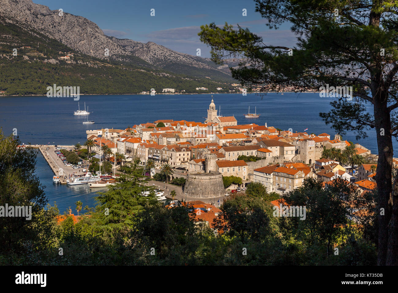 Korčula is a fortified pretty town surrounded by walls, on an island in the Adriatic Sea in Croatia. Stock Photo