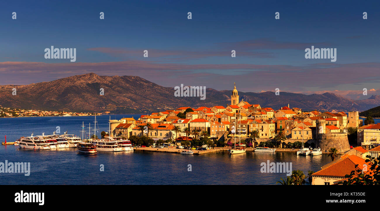 Korčula is a fortified pretty town surrounded by walls, on an island in the Adriatic Sea in Croatia. Stock Photo