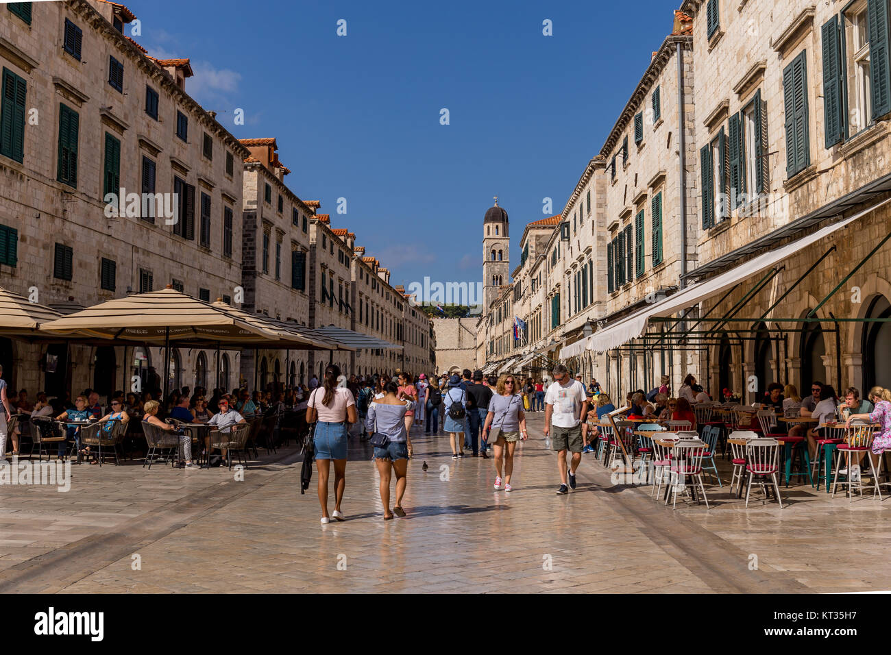 A town center streetview of the fortified and historical city of Dubrovnik, Croatia. The city is on the Unesco World Heritage List. Stock Photo