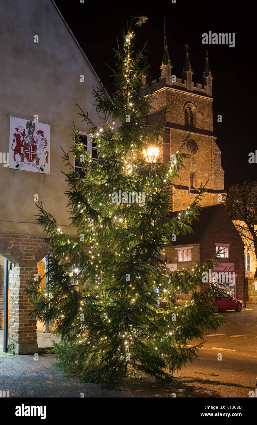 Christmas tree in Deddington village at night. Deddington, Oxfordshire