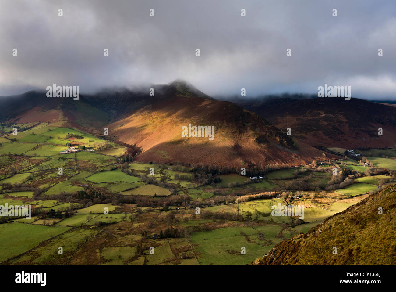 The Derwent Fells seen under a stormy sky from Cat Bells hill, Lake District, Cumbria, UK Stock Photo