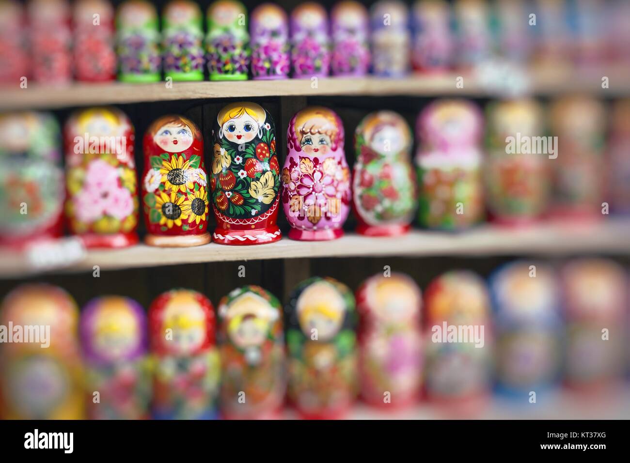 Colorful Russian nesting dolls matreshka at the market. Matrioshka Nesting dolls are the most popular souvenirs from Russia. Stock Photo