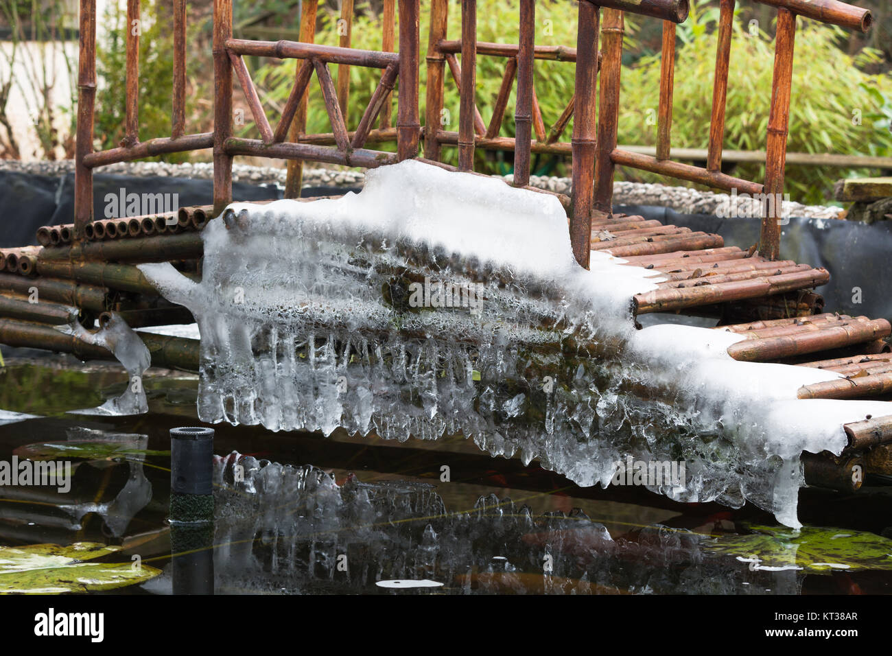 Eiszapfen hängen von einer Brücke über einen gefrorenen See. Stock Photo