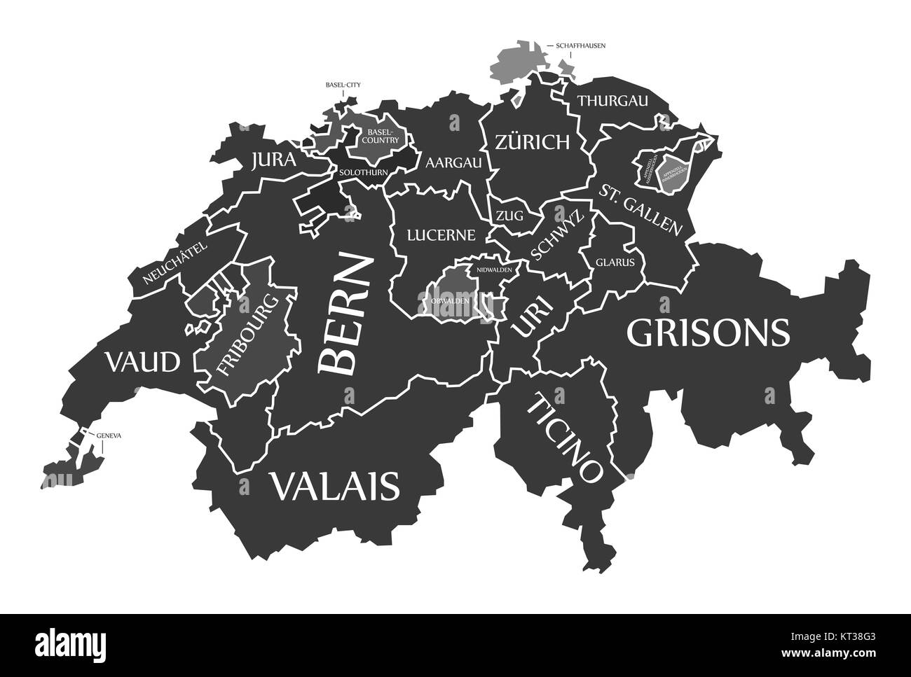 Switzerland Map labelled black illustration in English language Stock Photo