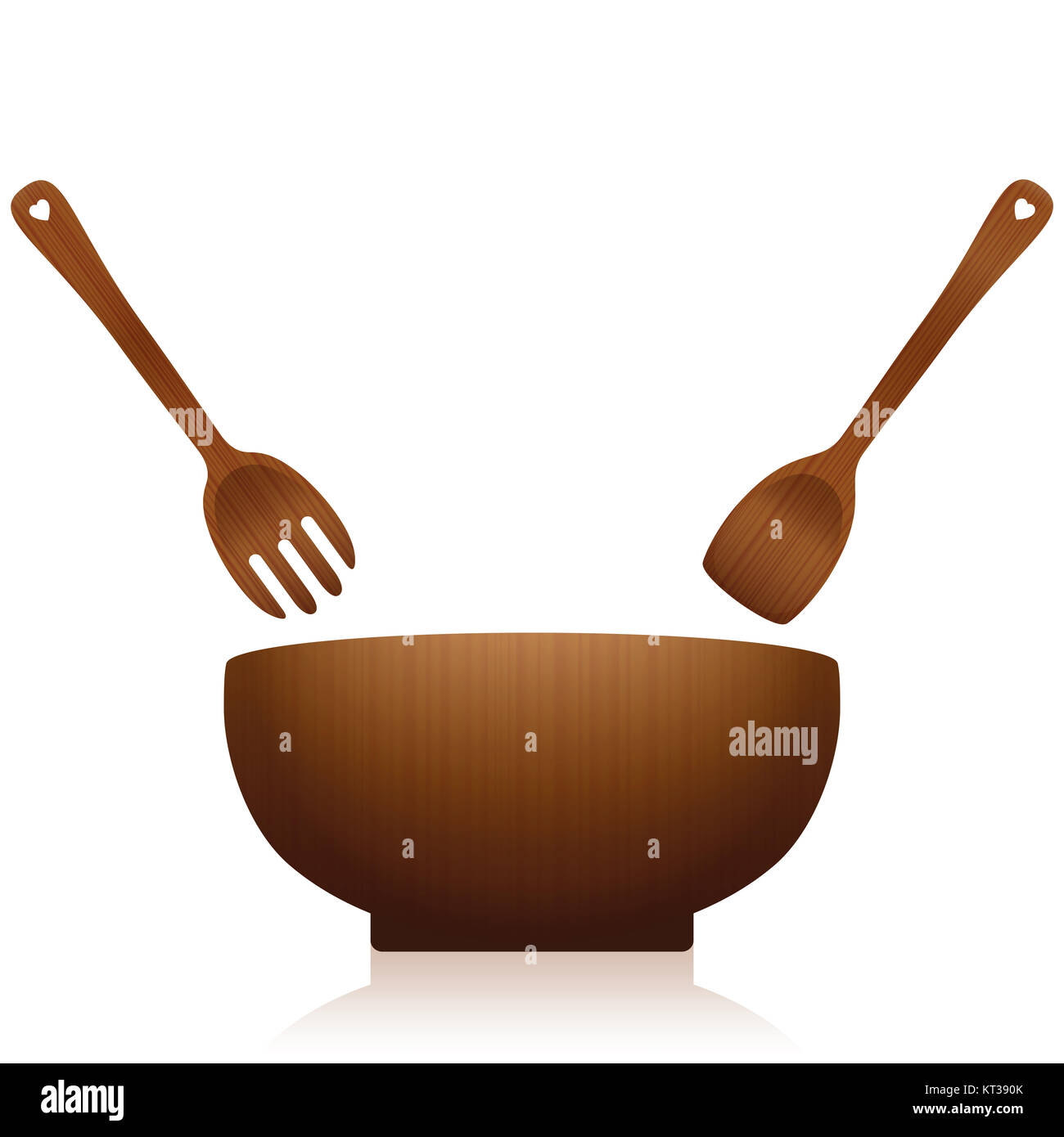 Salad bowl and servers - dark wooden rural kitchen tool set with fork and spoon situated over an empty bowl - illustration on white background. Stock Photo
