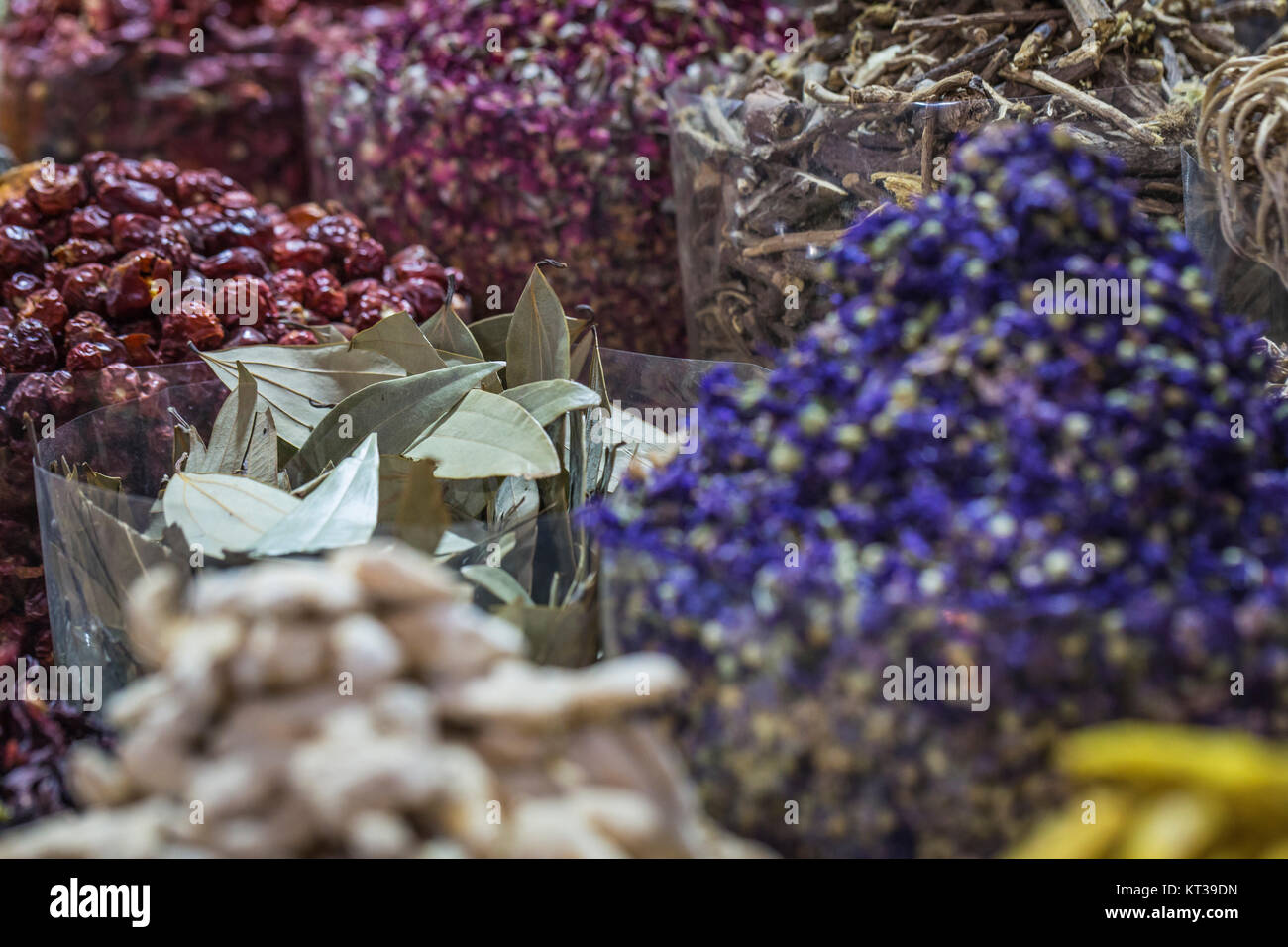 Dried herbs, flowers and arabic spices in the souk at Deira in Dubai, UAE Stock Photo Alamy