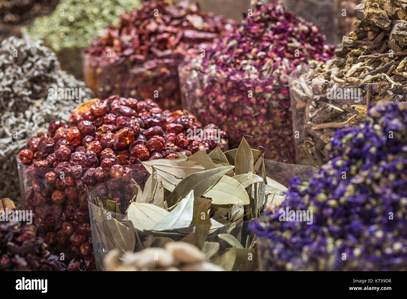 Dried herbs, flowers and arabic spices in the souk at Deira in Dubai