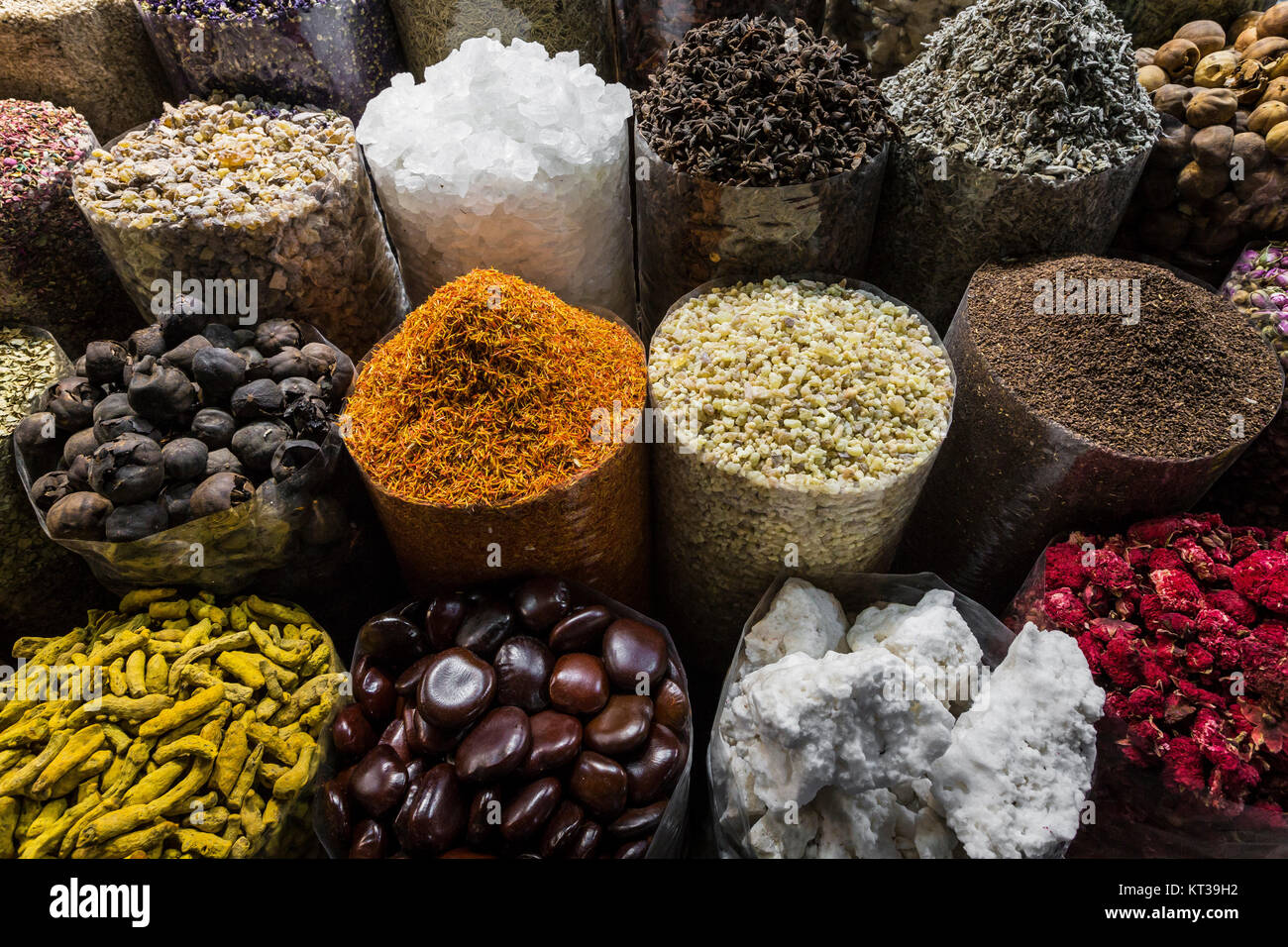 Dried herbs, flowers and arabic spices in the souk at Deira in Dubai