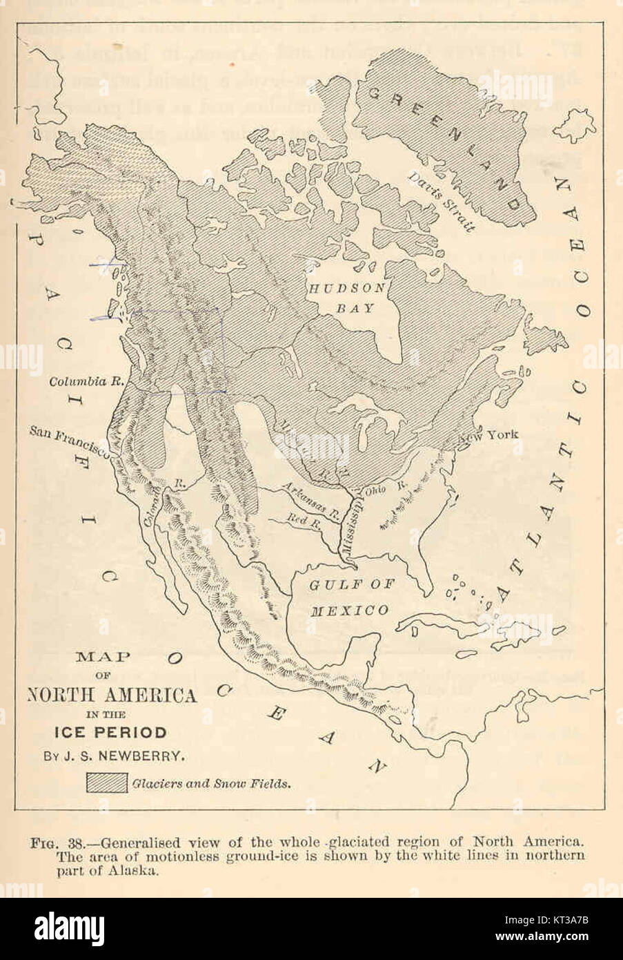 39485 Generalised view of the whole glaciated region of North America The area of motionless ground-ice is shown by the white lines in Stock Photo