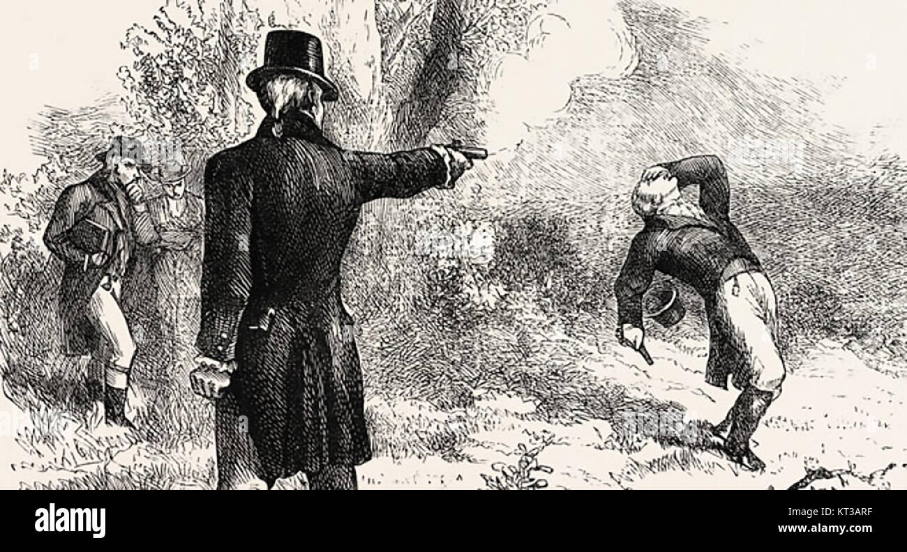 ALEXANDER HAMILTON (1755 or 1757-1804) American statesman and Founding Father. A 19th century engraving of the Burr-Hamilton duel on 11 July 1804 Stock Photo