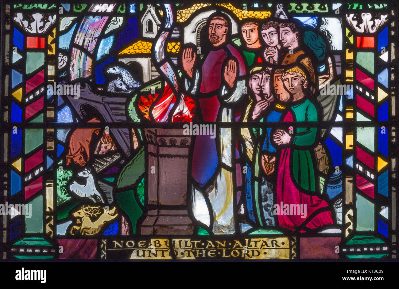 LONDON, GREAT BRITAIN - SEPTEMBER 16, 2017: The offer of patriarch Noah on the stained glass in church St Etheldreda by Charles Blakeman Stock Photo