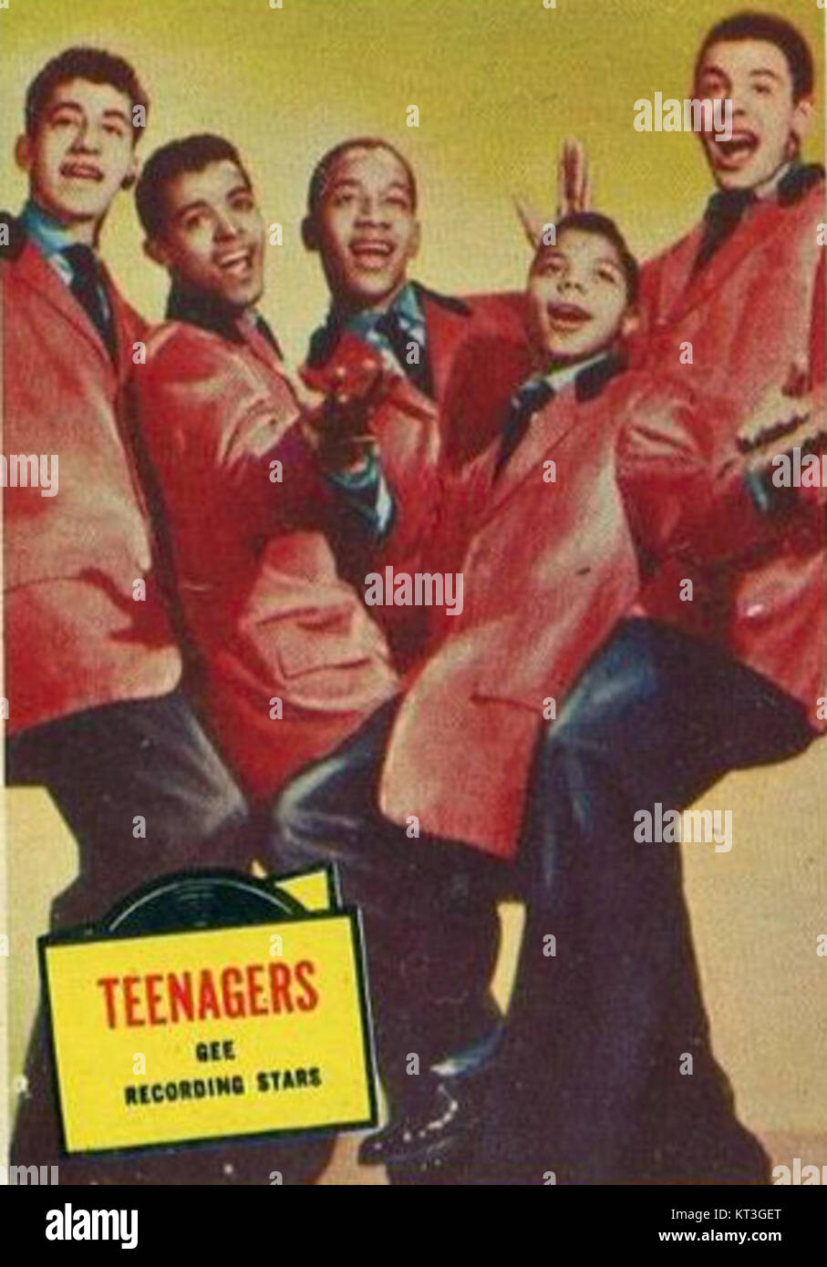 A photograph of Frankie Lymon and The Teenagers, a popular R&B group from the 1950s, capturing a moment in their performance. Known for their hit song 'Why Do Fools Fall in Love,' they were pioneers in the early rock and roll movement. Stock Photo