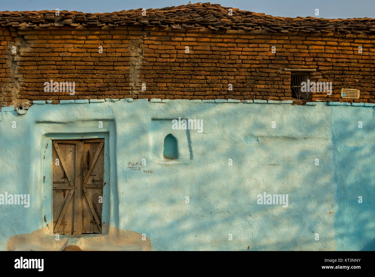 Closed wooden village doors at tradional homes or houses, Madhya pradesh, India Stock Photo