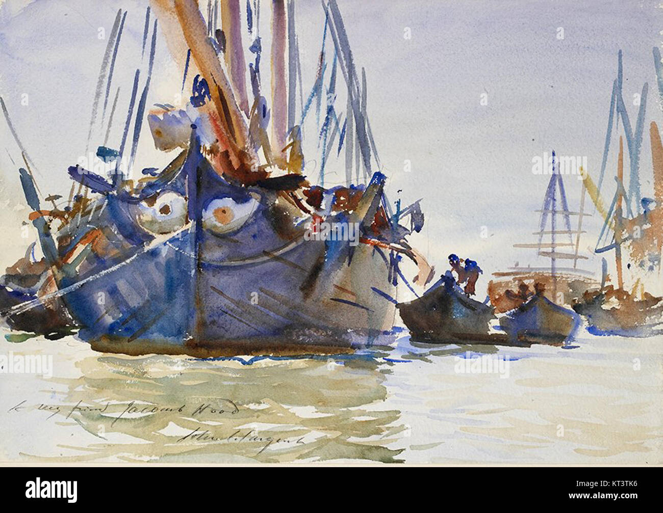 This painting by John Singer Sargent, created around 1904-07, depicts Italian sailing vessels at anchor. The work highlights Sargent's skill in capturing marine life and his attention to detail in portraying ships and their environment. Stock Photo