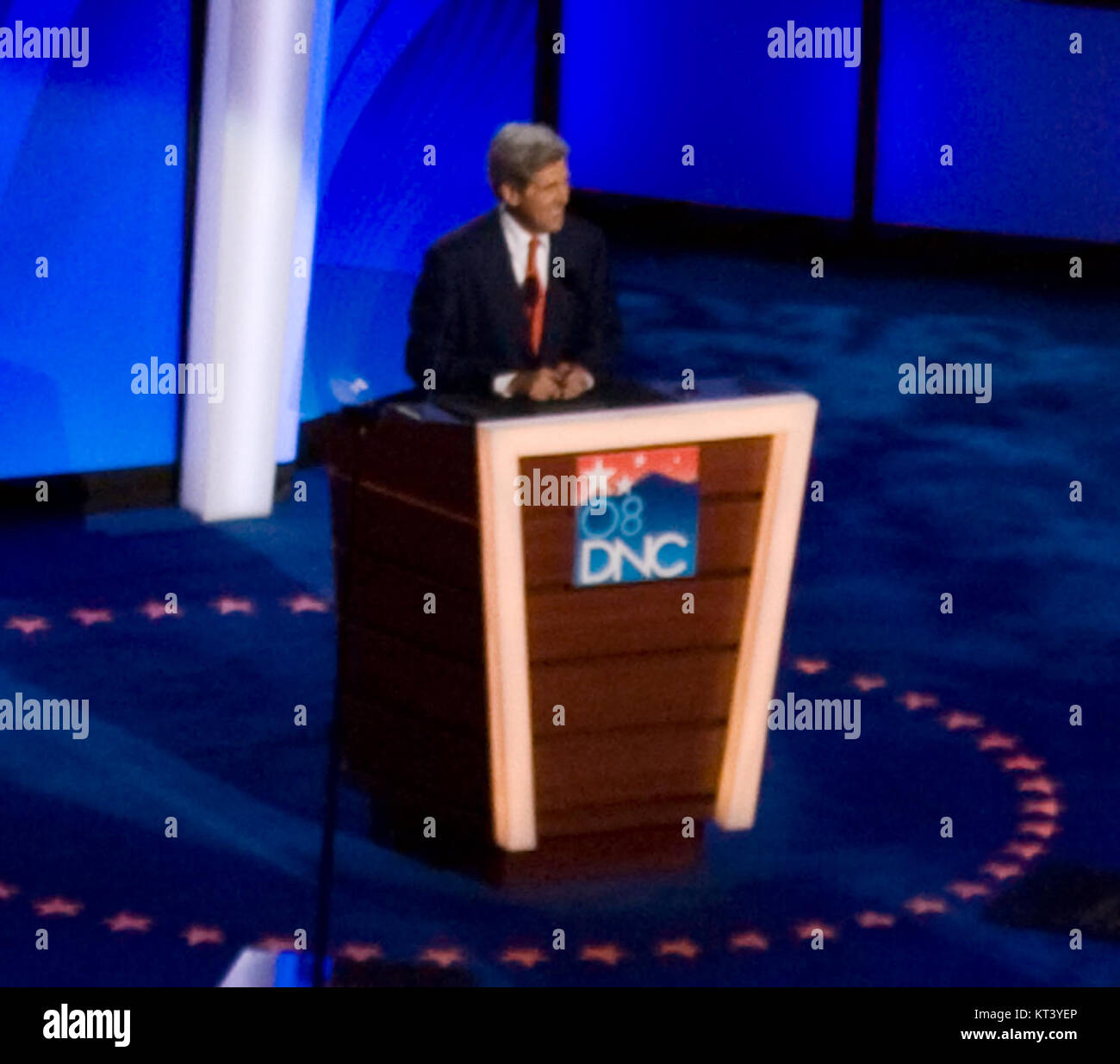 Photograph of John Kerry, U.S. Senator from Massachusetts, at the 2008 Democratic National Convention, cropped to focus on his appearance during the event. Stock Photo