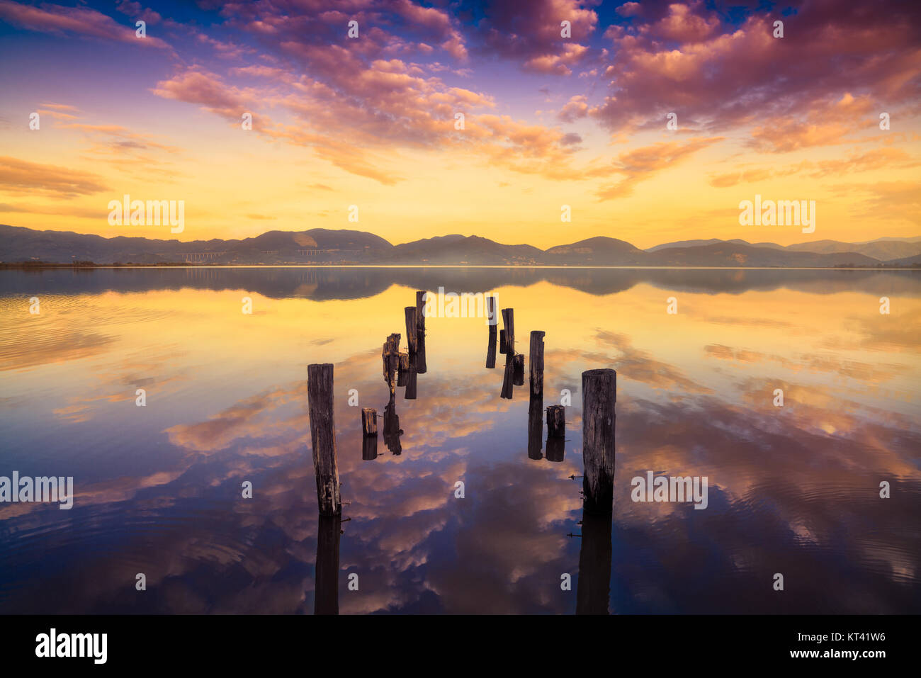 Wooden pier or jetty remains on warm lake sunset and sky reflection water. Versilia Massaciuccoli, Tuscany, Italy. Stock Photo