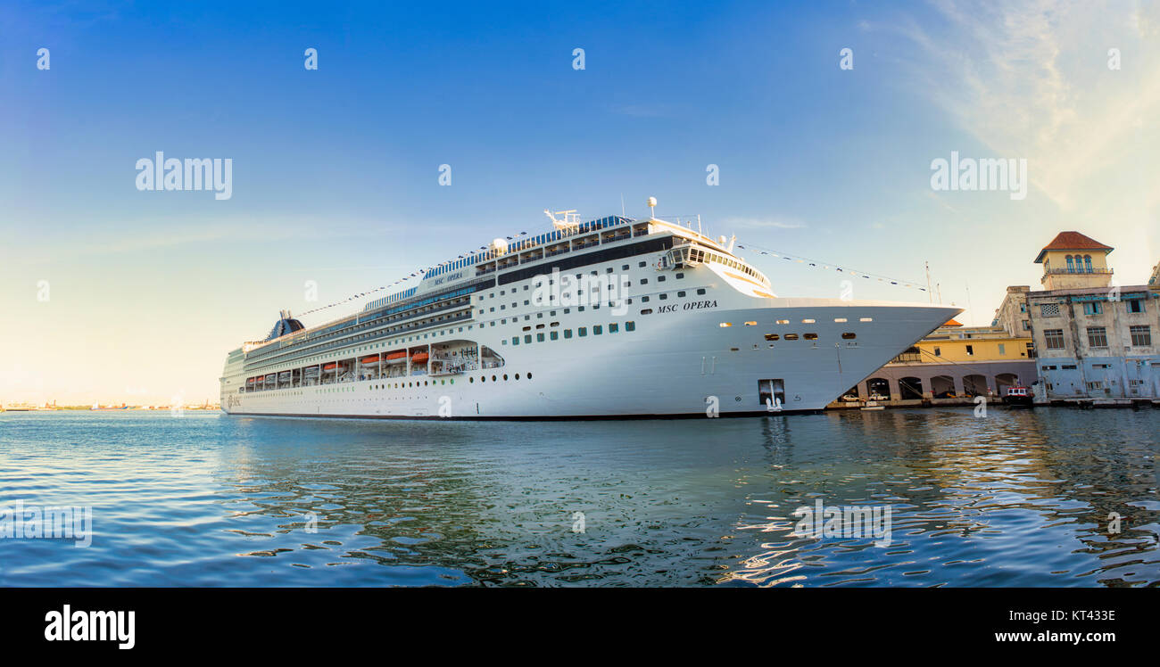 HAVANA, CUBA - FEB 17, 2017 : Panoramic view of the MSC Opera cruise ship docked at the port of Havana showing the tourist boom the island has experie Stock Photo