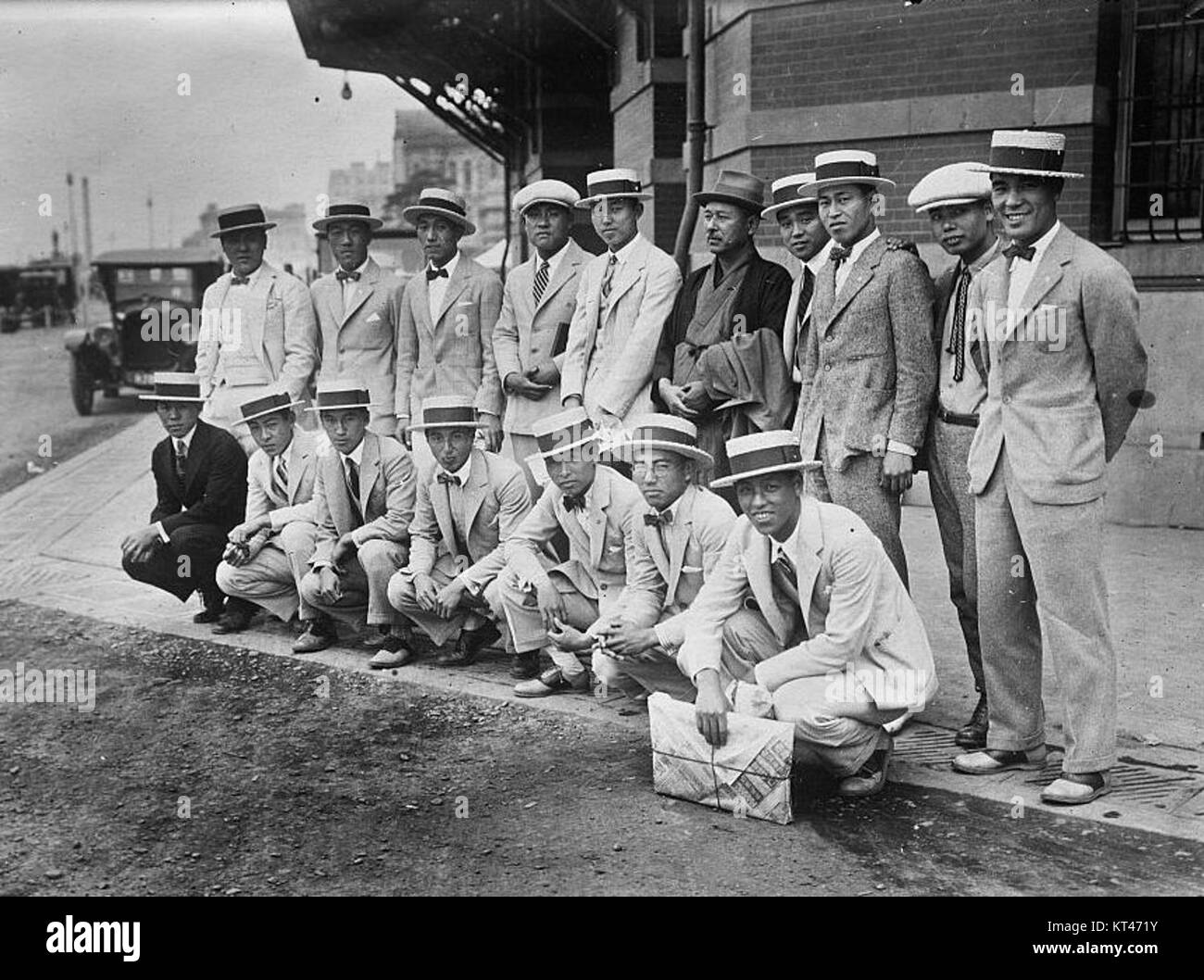This photograph shows the 1925 baseball team of Meiji University, Japan ...