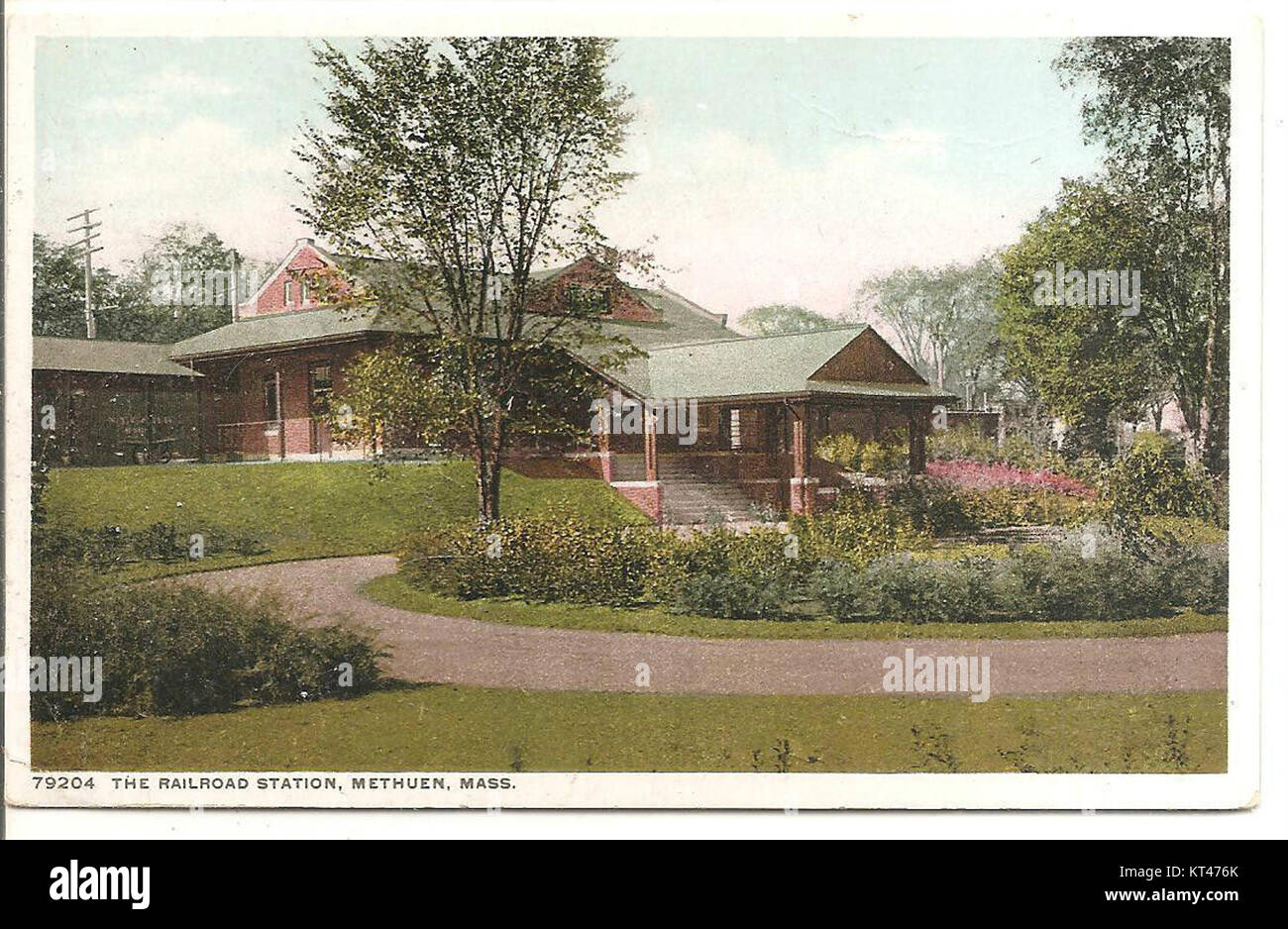 This postcard features an image of Methuen Station, a historic train