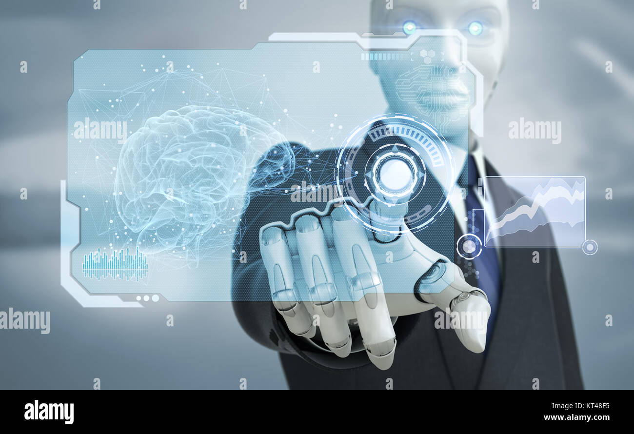 Robot in suit working with high tech touchscreen.3D illustration Stock Photo