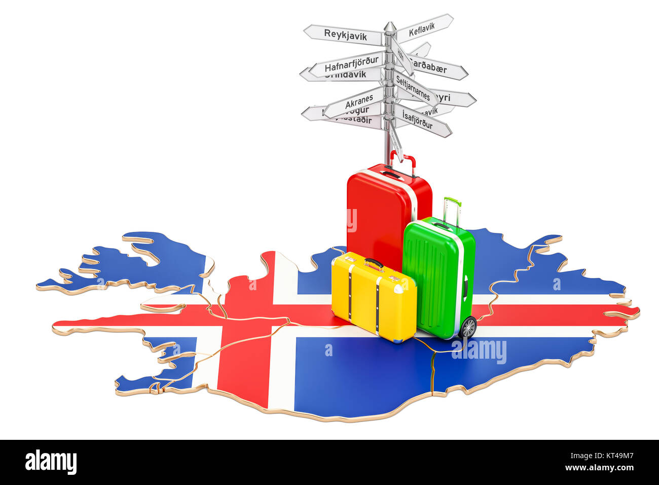 Iceland travel concept. Icelandic map with suitcases and signpost, 3D rendering Stock Photo