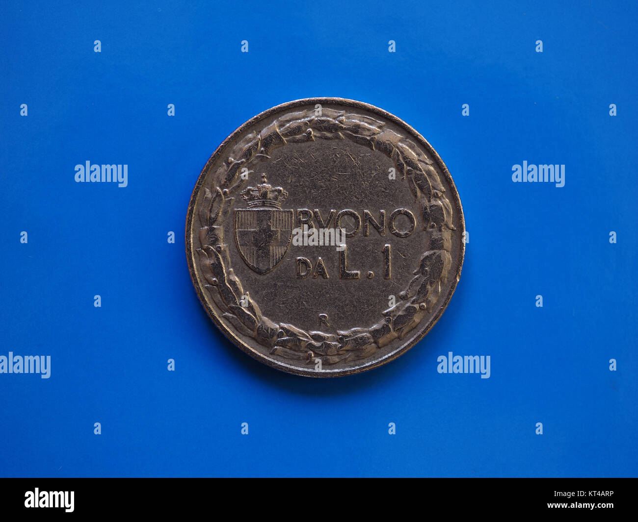 1 lira coin, Kingdom of Italy over blue Stock Photo