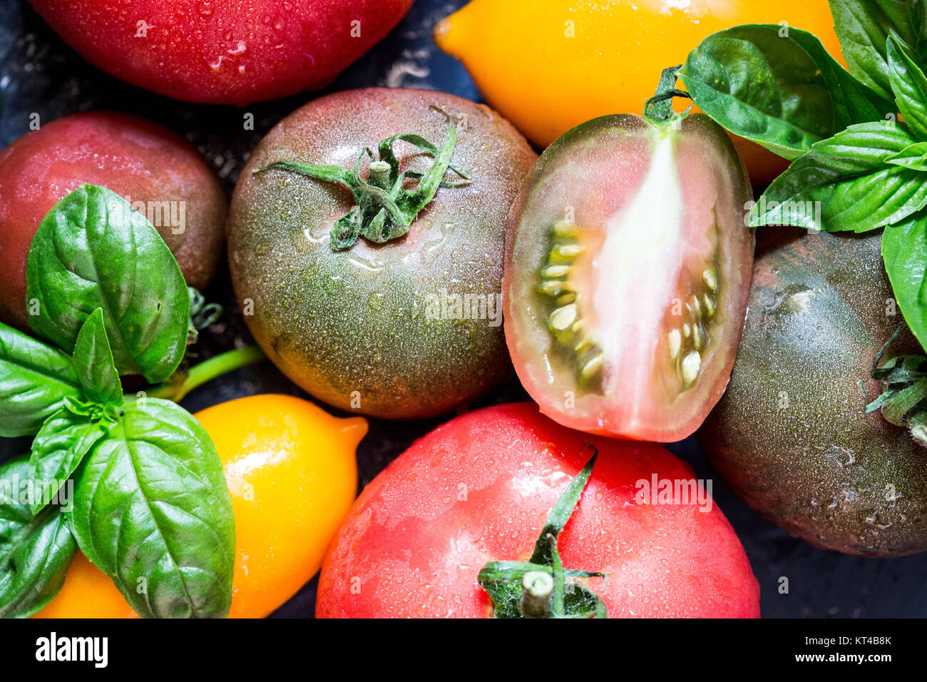 Colorful tomatoes of different sizes and kinds with basil. selective ...