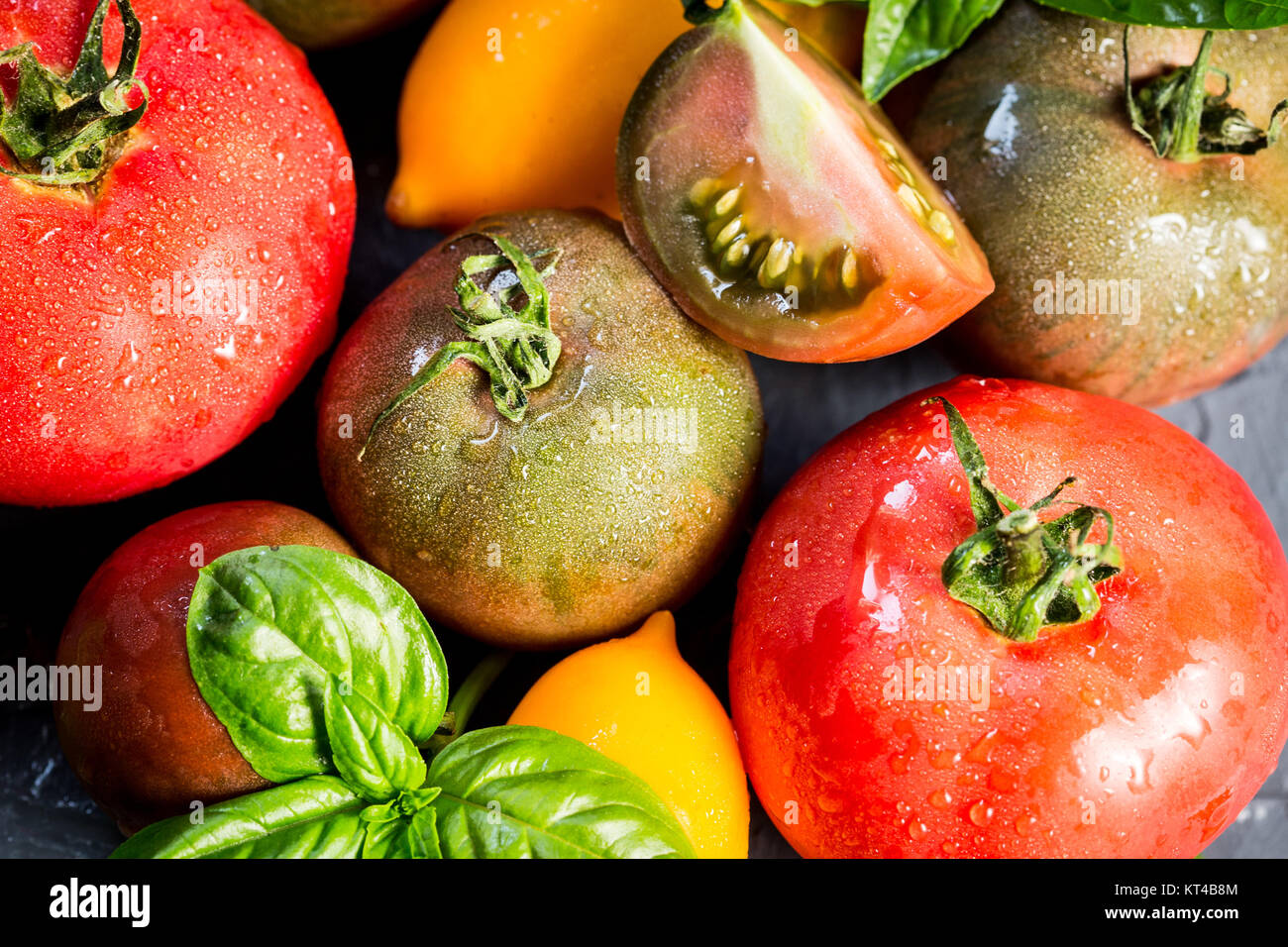 Colorful tomatoes of different sizes and kinds with basil. selective ...